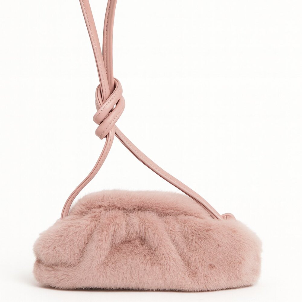 Blush Pink Faux Fur Pouch Crossbody Bag – Leather Strap, Bottega Style, Small